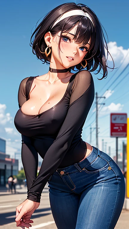 A girl is posing for a photo,pretty girl,Enchanting girl,Realistic young anime girl,
(((One Girl,Baby Face,16 years old))),

((Black long sleeve high neck tight top、Mesh structure on collarbone:1.2、Mesh construction on the arms:1.2、Cleavage))、((Denim skinny pants)),Black choker、ring earrings、((White Headband))、
BREAK 

(Beautiful Hair,Shiny Hair),(Purple Hair、Short cut),
(Expression of fine eyes,Beautiful and delicate eyes,Sparkling eyes,Eye Reflexes),(black eye),
double eyelid,Long eyelashes,
(Beautiful Nose,Thin Nose),
(Glossy lips,Beautiful Lips,Thick lips),
(Symmetrical facial features,Perfect Face),(((Detailed skin,Oily skin,Textured skin,Beautiful Skin))),
break 

(smile、Embarrassed),
(noon、(bustling street、bus stop)),((Are standing、Dynamic Pose、Cowboy Shot)),
break 

(((highest quality)),((masterpiece)),(Very detailed),(High resolution)),(8k),((Line art)),(Realistic),(Anime 2D Rendering),
