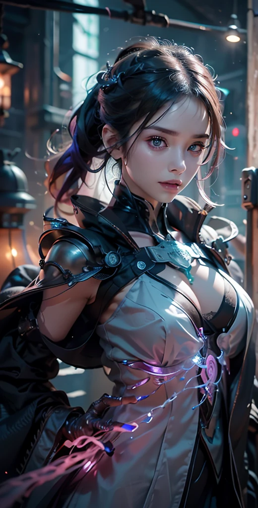 top quality, masterpiece, Ultra-high resolution, (Reality: 1.4), original photo, 1 cyberpunk girl, purple Hair, Smooth skin, 1.mechanical girl, Depth of field focus f/2.8, (Ultra-realistic details)), contrast, shadow, Octane Rendering, 64k, Extremely sharp, Cleavage exposed, Rawhide, Exquisite decorative details, Japan Details, Very intricate details, realistic light, CGSoation trends, face camera, Neon details, Mechanical limbs, blood vessels connected to tubes, A mechanical vertebrae attached to the back, Mechanical fixation device, Wires and cables, Small LED lights.,front view, full-body 