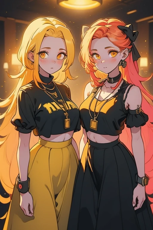 2 girls, twins, gorgeous yellow & orange dreadlocks hair, tall, wearing crop top dresses, dynamic model pose,(best quality,4k,8k,highres,masterpiece:1.2),ultra-detailed, HDR,UHD,studio lighting,ultra-fine digital art,sharp focus,physically-based rendering,extreme detail description,professional,vivid colors,bokeh,portraits,digital art