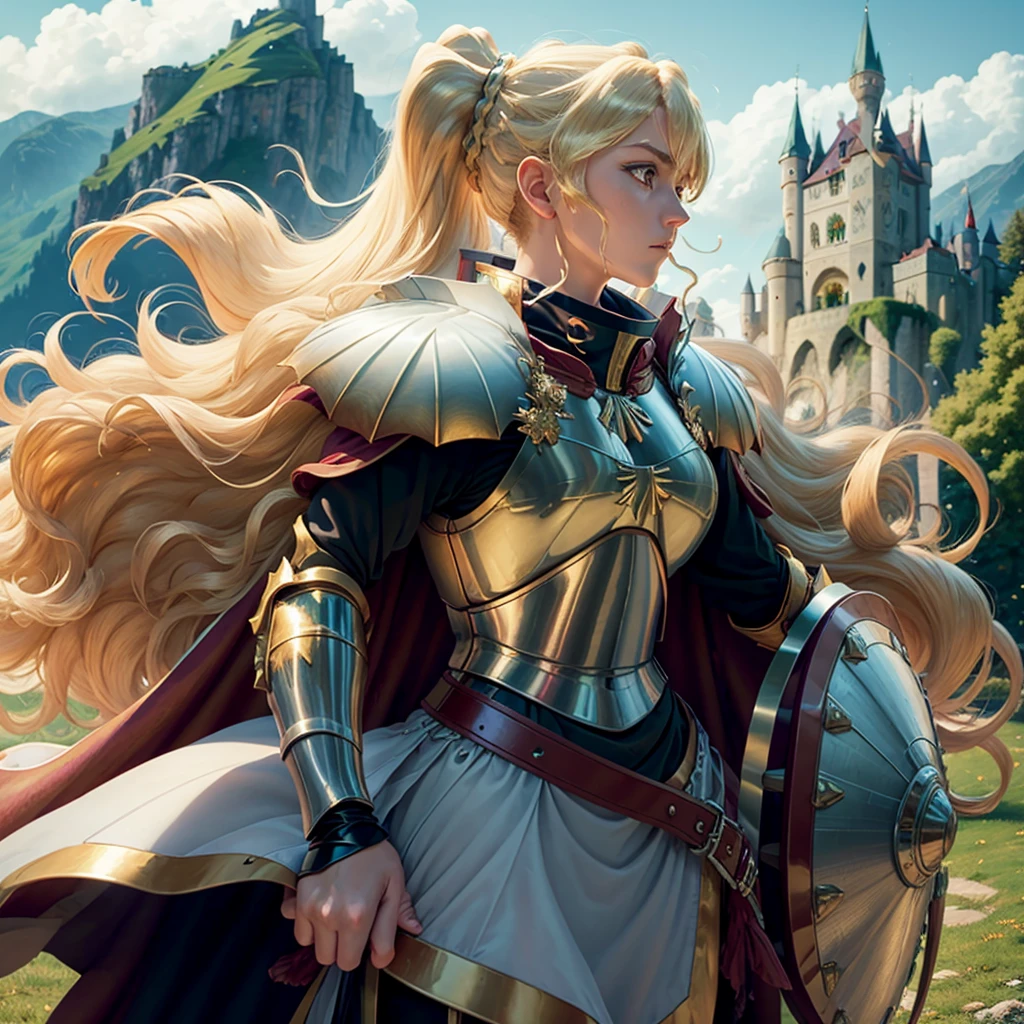 masterpiece, best quality, 1girl, alicetaria, blonde hair, long hair, ponytail, green eyes, armor, cape, solo, medieval castle, switzerland mountains background 