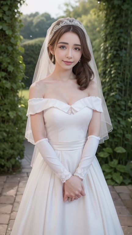 Young girl in wedding dress and updo, Off-shoulder neckline, and a long veil. her face is young and innocent, Looks like a . She looks at the camera with a playful expression. Detailed artwork with vivid illustrations, Realistic colors, Capture every detail. The medium of digital painting, Guaranteed best quality and high resolution (4K or 8K). soft and romantic lighting, creating a dream-like atmosphere. The overall color is warm and gentle................, Highlight the joy and beauty of your wedding scene.frontage、full body Esbian、A smile