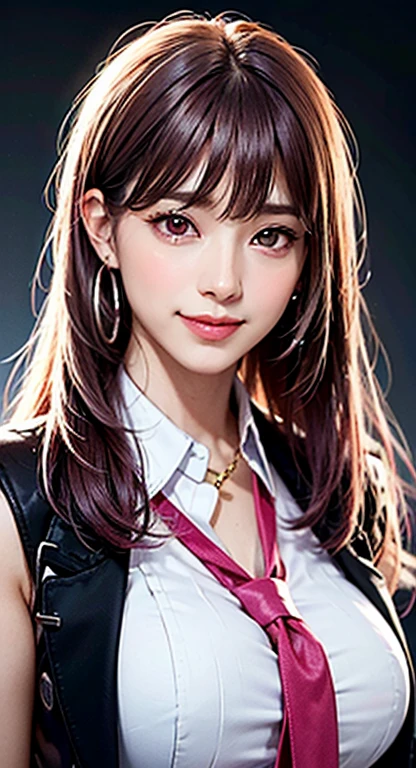 beautiful, alone, 1 female, mature, Long Hair, Magenta hair with bangs, Half tie、Half tie, Hot pink eyes, White clothes, Smile Facial, Futuristic, cyber punk, You say, Earrings
