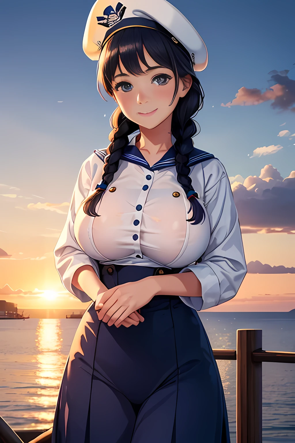 (High quality, High resolution, Fine details), Realistic, (navy), Sail ships, prow, Sunset, Sparkling water, white clouds, Solo, Slim woman, navy sailor hat, navy blue sailor uniform, Braided hair, Sparkling eyes, (Detailed eyes), Smile, Sweat, Oily skin, covered gigantic breasts, Hi3GB