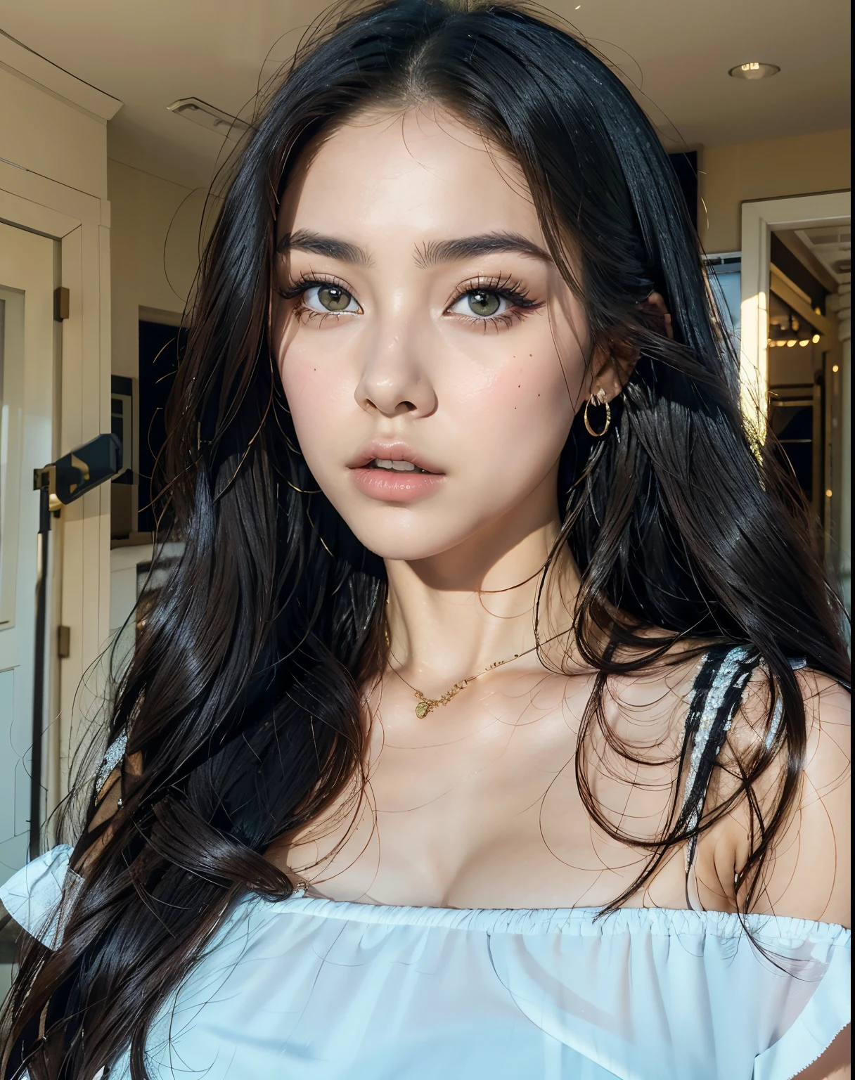 Devastated woman with long black hair and white blouse, beautiful latin face, Violet Myers, Black hair and big eyes, 결점 없는 olive skin, Beautiful Mexican woman, thick lips, Avamax, black hair and brown eyes, Madison Beer, Beautiful woman, Portrait of Sophie Mudd, very beautiful face, 18 years, olive skin, Charlie XCX |