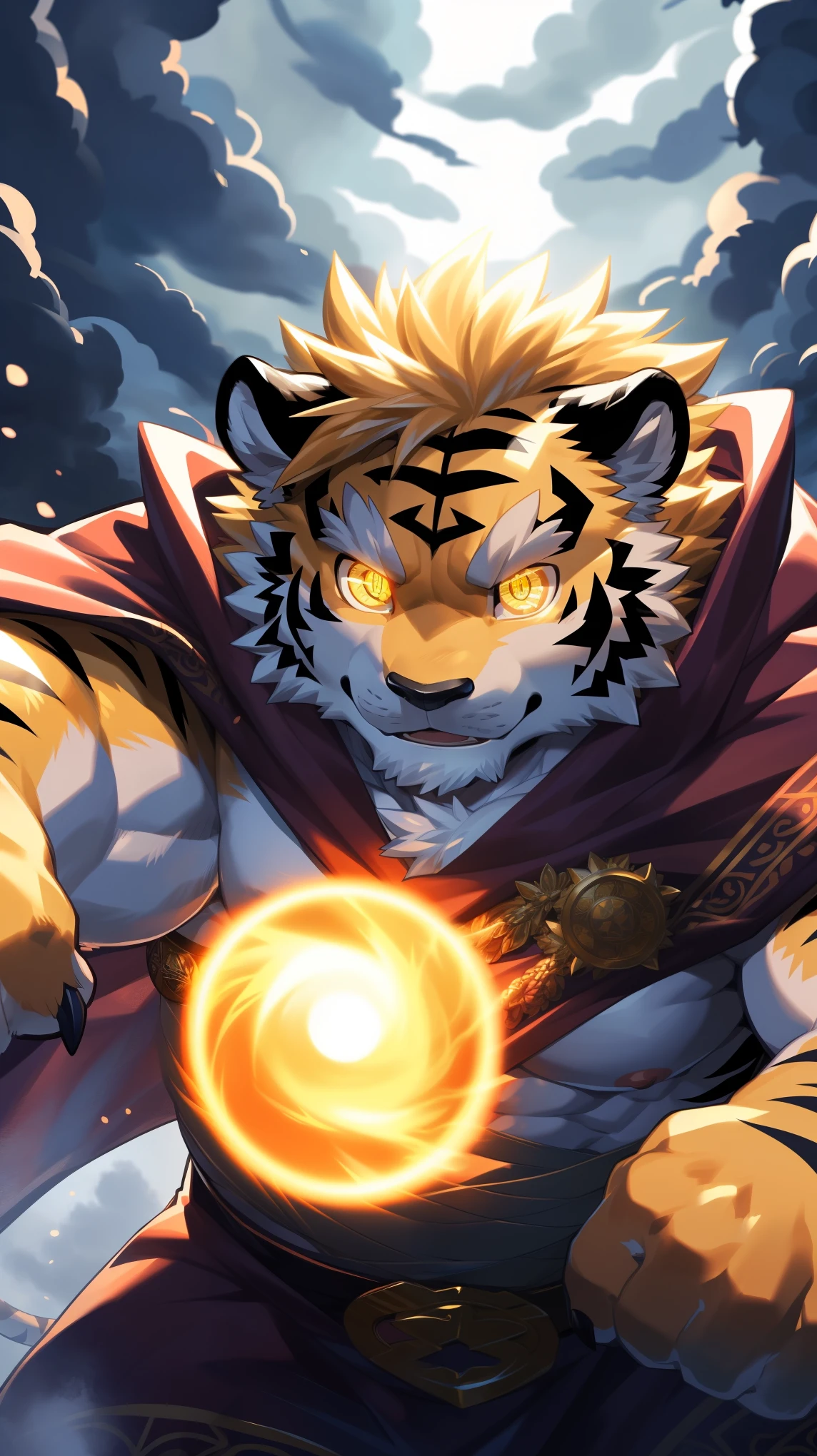 (Dynamic poses:1.6), (ultra deTailed), Clear focus, Niji, Eye contact, (glowing golden pupils:1.4), hairy, (Golden fur:1.3), White Stripes, anthropology (Tiger), male, middle aged, White belly, Tail, muscular, (knight clothing, Long purple cloak), ultra deTailed face, high deTails, high quality, (best quality, 4k, 8K, High resolution, masterpiece:1.2), Bright colors, (close up:1.5), author:Takemoto Arashi, By Camille, From milkytiger1145, by 69panda, Dark Souls boss style, Energy explodes around the body, (Golden Halo:1.3), Bloodstained, Dynamic Lighting, Ominous atmosphere, Eerie fog, The existence of threats, Full of horror atmosphere, Dark and Tortured Souls, (enchanted deTail of colors), 8K wallpaper, yang08K, Looking at the audience with fierce eyes