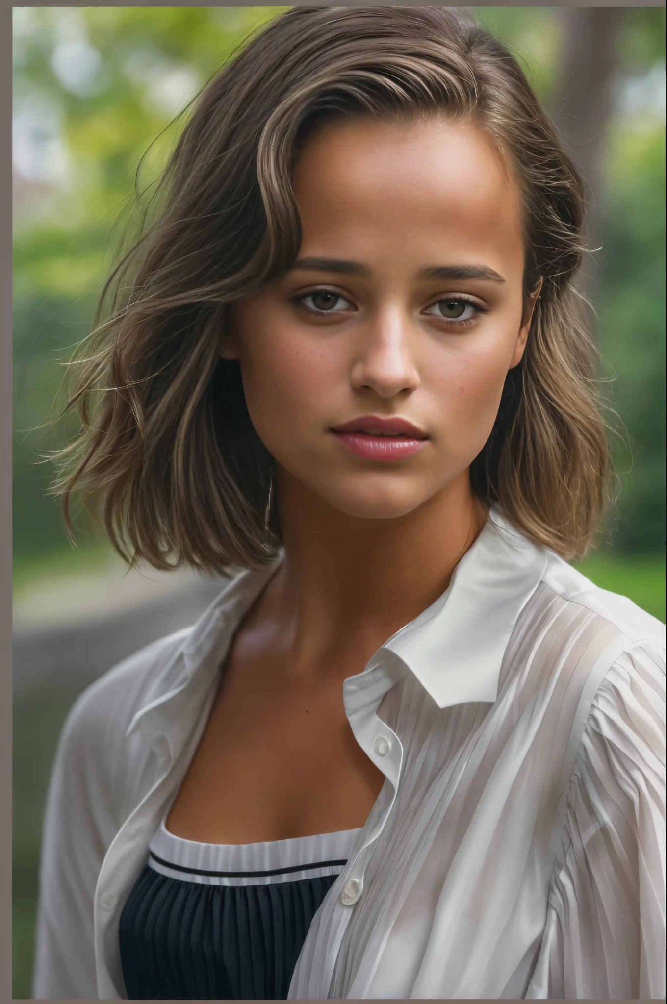 (Alicia Vikander), best quality, 8K, high res, masterpiece, ultra-detailed, photo-realistic, (full body, NSFW, a 18-years-old alicia Vikander in sexy high , runners slim body, smirking, short hair, (grey pleated ultra-micromini skirt showing a glimpse of white panties beneath the hemline), (white shirt), white socks, black loafers, grey tie, can see a little chest through blouse, natural skin tones, from below, in the brightly lit park, bright vibrant realistic colours, close-up on her face,