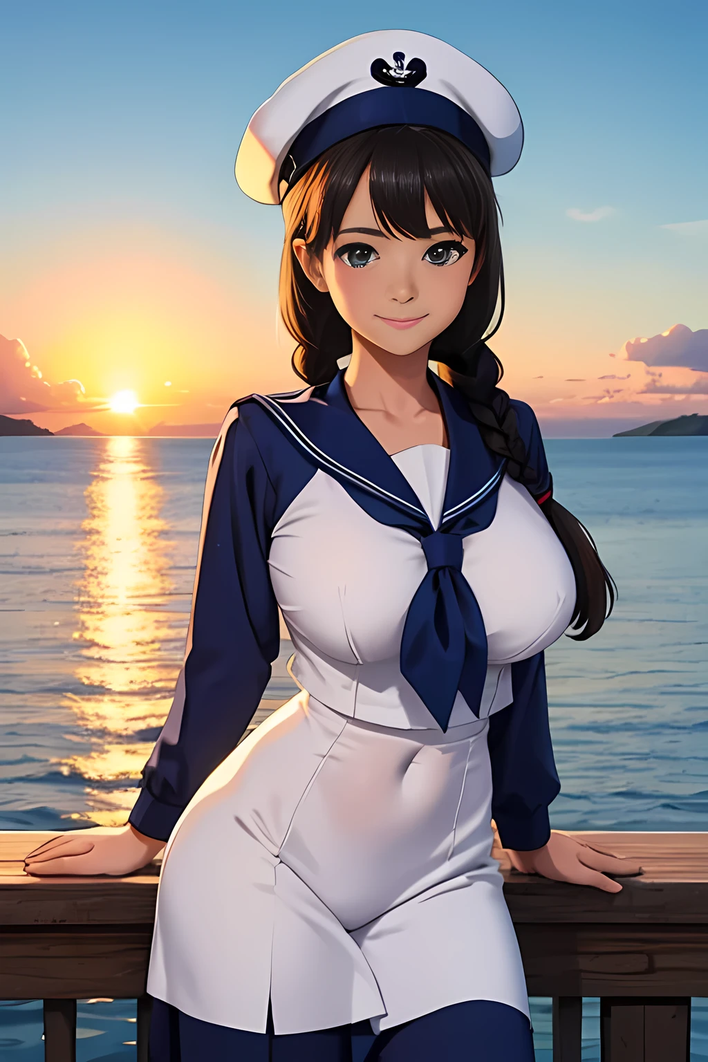 (High quality, High resolution, Fine details), Realistic, (navy), Sail ships, prow, Sunset, Sparkling water, white clouds, Solo, Slim woman, navy sailor hat, navy blue sailor uniform, Braided hair, Sparkling eyes, (Detailed eyes), Smile, Sweat, Oily skin, covered gigantic breasts, Hi3GB