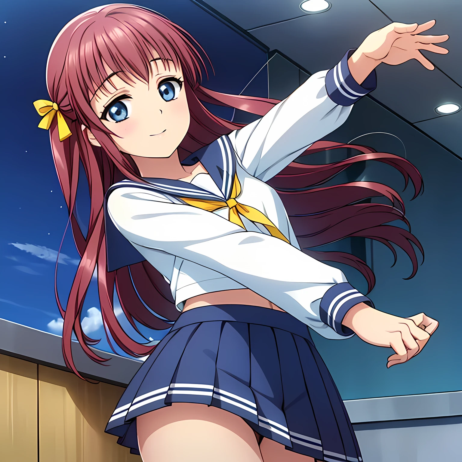 (highest quality, masterpiece:1.2), highest quality, High resolution, 1080p, 8K, CG of the heroine of a beautiful girl game, Height: 158cm, A beautiful woman with a smile falls upside down from the sky like an angel, A face that everyone loves, Glossy lips, Even bangs, Double, Long eyelashes on both the top and bottom, Big wide blue eyes, The very large and thick yellow ribbon bowtie is very cute., Beautiful, shiny red long hair, A long, neat, dark navy pleated skirt, (((A long-sleeved sailor uniform for winter, entirely dark blue))), (Sailor suit chest area、Stomach area、Dark blue up to the sleeves), Ribbon in hair, Thick calves, Tight waist, ((Many navy blue pleated skirts falling from the sky)), Approaching the viewer with open arms, ((Talking to the audience、god々Trying to kiss you)), Very holy God of the sky, Shooting from below