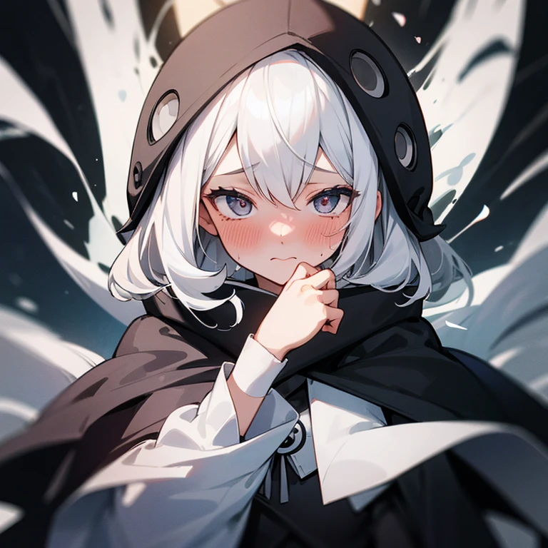 1 girl, black and white hair, black and white cape, black outfit, black hole behind, front facing, swirls, Blush, embarrassed,