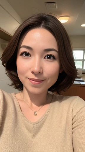 ((highest quality, 8k, masterpiece, Portraiture: 1.3)), (Looking at the audience), (Full Shot:0.85), Attractive business mature woman, 1 person, Slightly thicker:0.4,Light brown short bob、 A soft beige knit, Grey tight skirt,((Big Tits 1.3)) (Large pelvis:0.9), ((Are standing)), In your kitchen、,Good posture、In the strong afternoon sunshine、Bright room、((A gentle smile))、A gaze that seduces viewers、