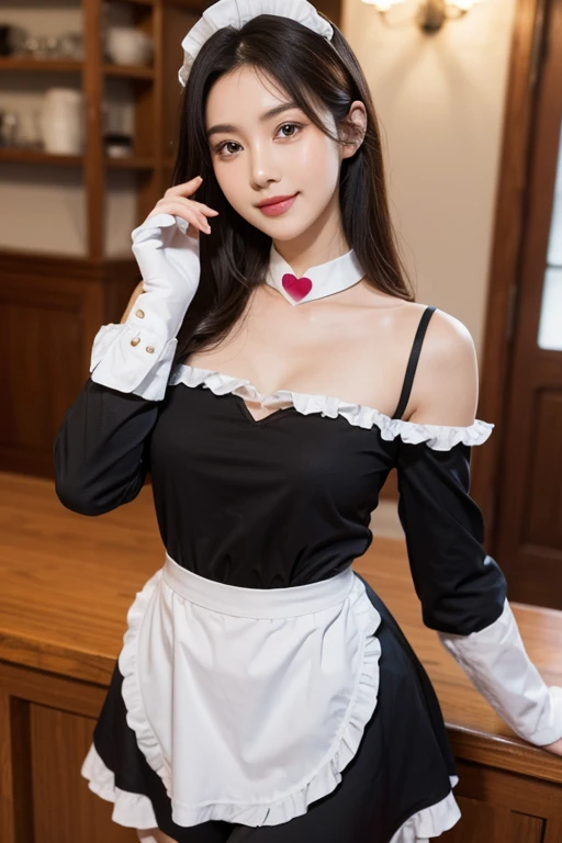 Close-up of a woman wearing a maid outfit, smile, laughter, off shoulder, no sleeves, making a heart shape with finger, masterpiece, realistic, sharp focus, (realistic:1.3), ultra high res, 8k, RAW photo, best quality, detailed shadow, amazing, finely detail, sharp focus, (shine light on face:1), (Volumetric lighting:1.4), 1 girl, long hair, black hair, large breasts, heart-shaped face,Full lips,(maid:1.4), black pantyhose, loafers, standing, cafe, from below, looking at viewer