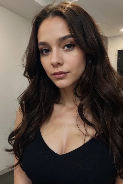 femme de 29 ans, long brown slightly curly hair, yeux bleus, visage parfait, professional makeup like model, C et portant un haut noir