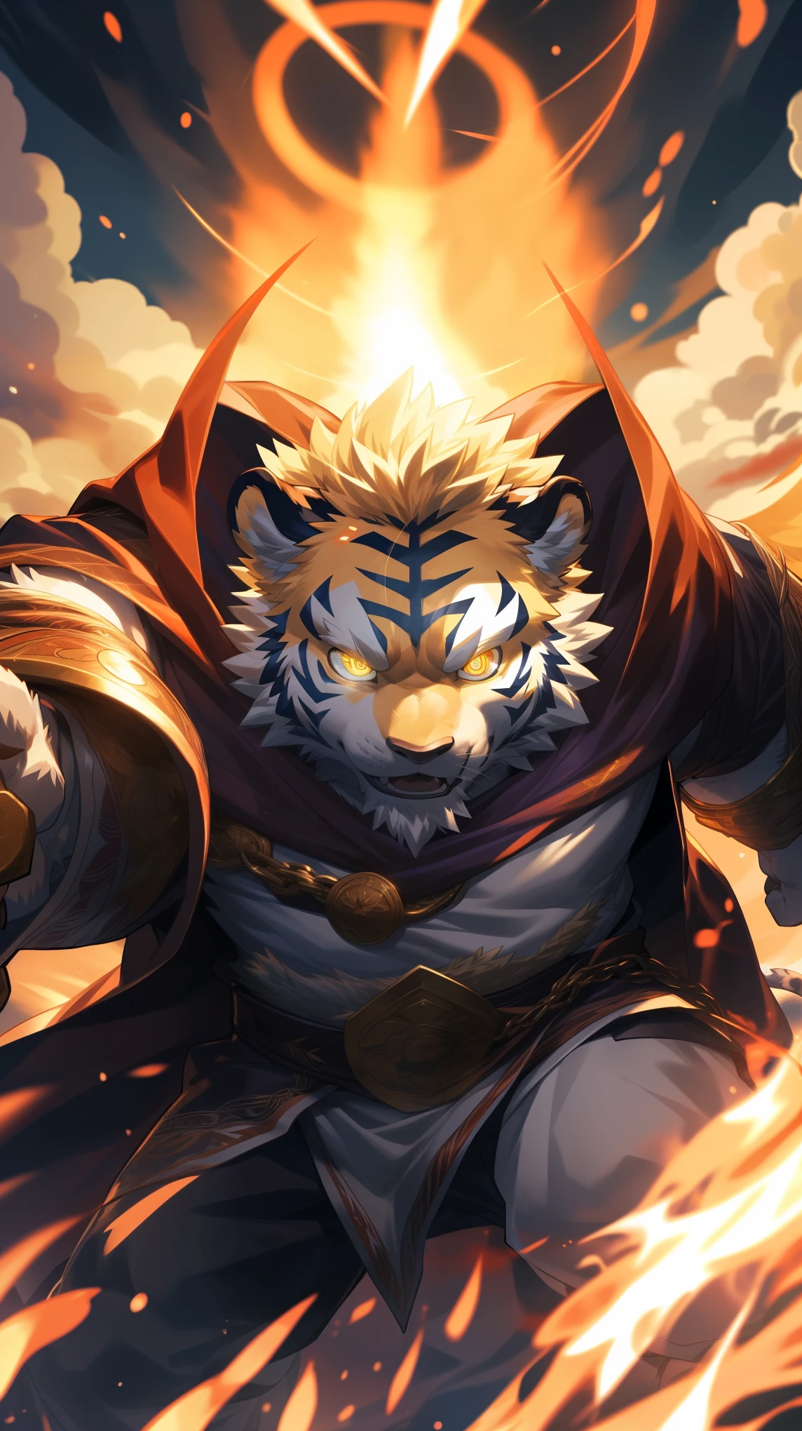 (Dynamic poses:1.6), (ultra deTailed), Clear focus, Niji, Eye contact, (glowing golden pupils:1.4), hairy, (Golden fur:1.3), White Stripes, anthropology (Tiger), male, middle aged, White belly, Tail, muscular, (knight clothing, Long purple cloak), ultra deTailed face, high deTails, high quality, (best quality, 4k, 8K, High resolution, masterpiece:1.2), Bright colors, (close up:1.5), author：Takemoto Arashi, By Camille, From milkytiger1145, by 69panda, Dark Souls boss style, Energy explodes around the body, (Golden Halo:1.3), Bloodstained, Dynamic Lighting, Ominous atmosphere, Eerie fog, The existence of threats, Full of horror atmosphere, Dark and Tortured Souls, (enchanted deTail of colors), 8K wallpaper, yang08K, Looking at the audience with fierce eyes