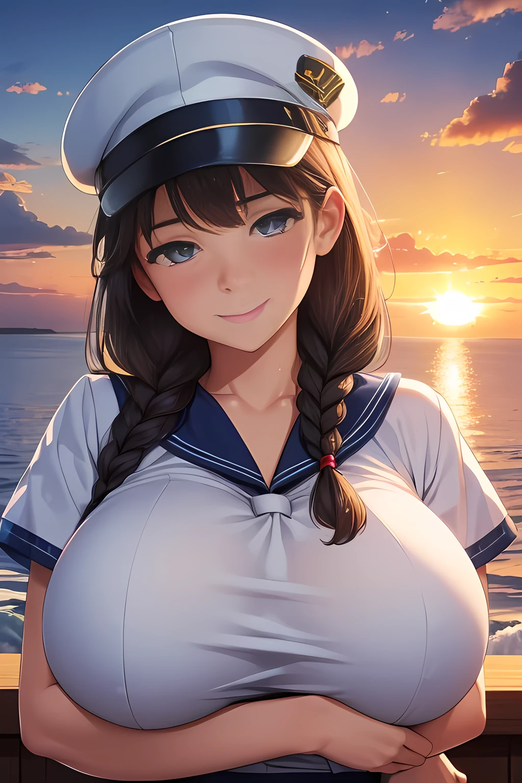 (High quality, High resolution, Fine details), Realistic, (navy), Sail ships, prow, Sunset, Sparkling water, white clouds, Solo, Slim woman, navy sailor hat, navy blue sailor uniform, Braided hair, Sparkling eyes, (Detailed eyes), Smile, Sweat, Oily skin, covered gigantic breasts, Hi3GB