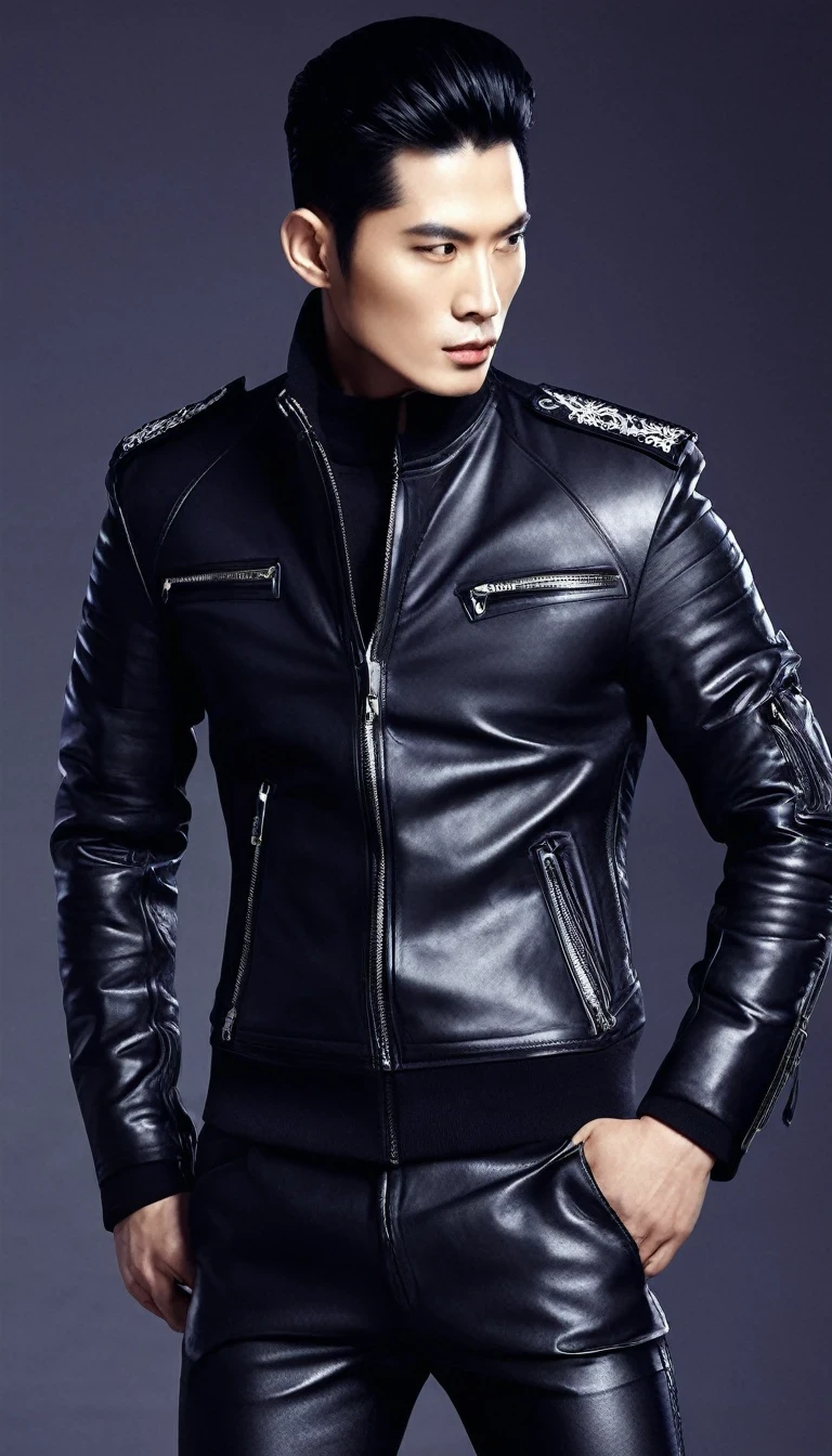 Final fantasy taste and reality graphics, ((Japanese young cute and cool ikemen boy)), his age is early 20s, thin eyebrows and beady eyes, ((he wearing black color leather thick and heavy material jacket)), ((jacket is single-brest)), , ((jacket is large size)),((with epaulet)), ((jacket is long sleeve)), ((zip up, front of the leather jacket)), , ((voluminous leather jacket)), ,((jacket is high length, and stand-up collar)) ((jacket collar with two belts)), ((jacket is a little black color line pattern)), ((also wearing black thick material turtleneck lackluster shirts)), ((tight black leather pants)), ((put black leather tight and thin glove on both hands)), ((black leather glove)),((black leather knee-high raceup boots)),((must views head-to-toe)),((must views whole body)), ,((Do not show skin from the neck down)),leather jacket leather glove and leather pants have few wrinkles, Avoid showing your innerwear,zip up jacket fastner.((must put on a leather glove)).
Boy is black hair.boy looks like fashion model.
Boy in the dim room.