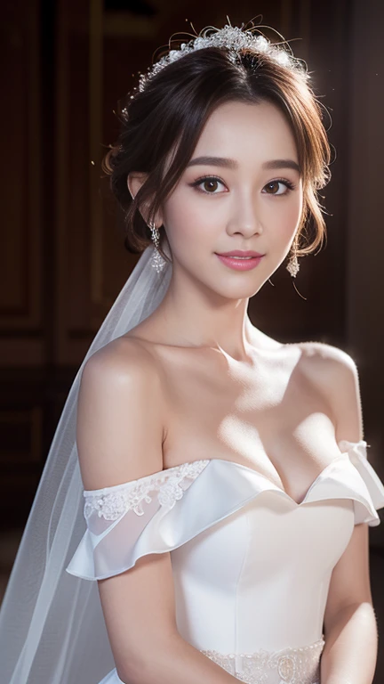 Young girl in wedding dress and updo, Off-shoulder neckline, and a long veil. her face is young and innocent, Looks like a . She looks at the camera with a playful expression. Detailed artwork with vivid illustrations, Realistic colors, Capture every detail. The medium of digital painting, Guaranteed best quality and high resolution (4K or 8K). soft and romantic lighting, creating a dream-like atmosphere. The overall color is warm and gentle................, Highlight the joy and beauty of your wedding scene.frontage、full body Esbian、A smile