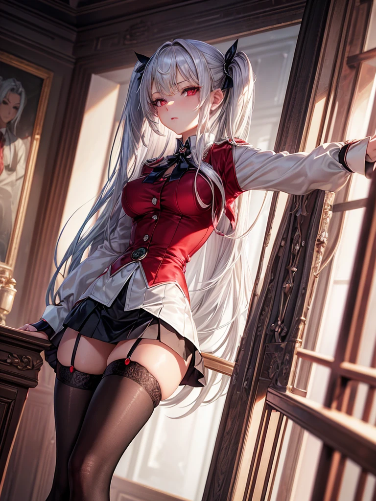 silver-haired girl, red eyes, medium breasts, sexy body, long-sleeved  ((buttoned))((detail)), graceful position , ((Luxury academy background)), With (( miniskirt and stockings)),