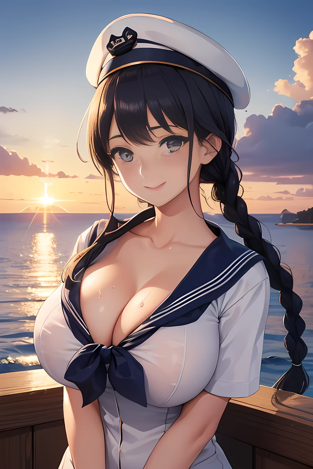 (High quality, High resolution, Fine details), Realistic, (navy), Sail ships, prow, Sunset, Sparkling water, white clouds, Solo, Slim woman, navy sailor hat, navy blue sailor uniform, Braided hair, Sparkling eyes, (Detailed eyes), Smile, Sweat, Oily skin, covered gigantic breasts, Hi3GB