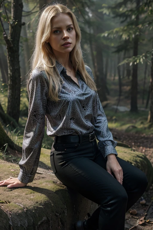 Claire Coffee, Adalind Schade, Wolf, 40 years old, long messy blonde hair, green eyes, purple flower-print blouse, black pants, black combat boots. silver pendant, white wolf print. Forest background with fog aura around black color.