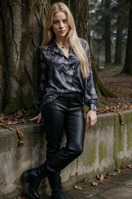Claire Coffee, Adalind Schade, Teen Wolf, 40 years old, long messy blonde hair, green eyes, purple flower-print blouse, black pants, black combat boots. silver pendant, white wolf print. Forest background with fog aura around black color.