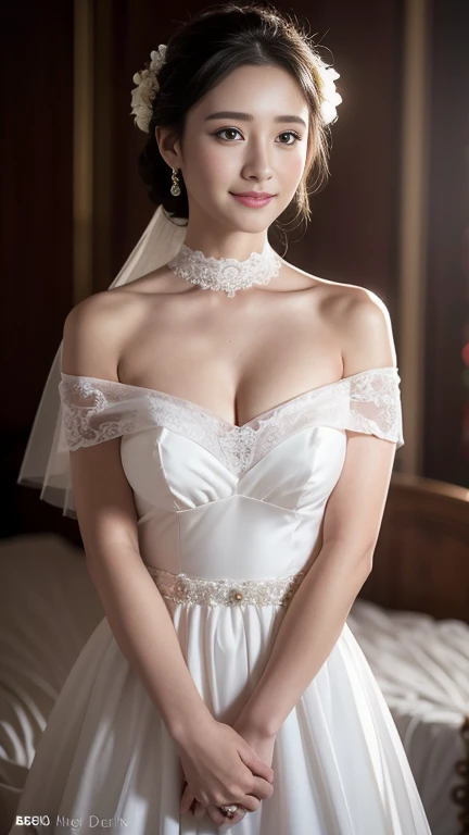 Young girl in wedding dress and updo, Off-shoulder neckline, and a long veil. her face is young and innocent, Looks like a . She looks at the camera with a playful expression. Detailed artwork with vivid illustrations, Realistic colors, Capture every detail. The medium of digital painting, Guaranteed best quality and high resolution (4K or 8K). soft and romantic lighting, creating a dream-like atmosphere. The overall color is warm and gentle................, Highlight the joy and beauty of your wedding scene.frontage、full body Esbian、A smile