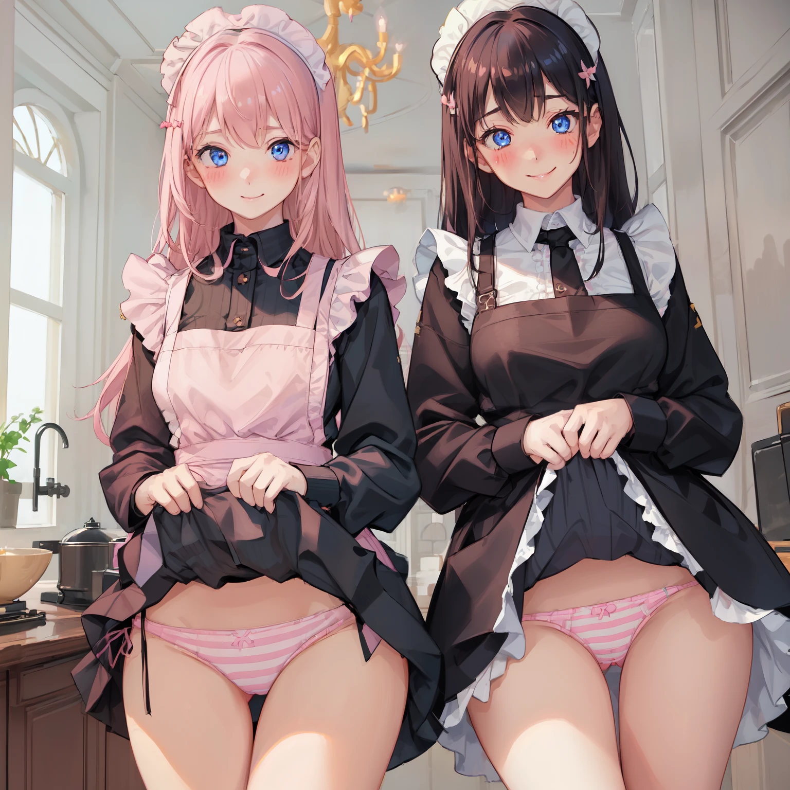highest quality, masterpiece, ((2 girls:1.5)), ((smile:1.3)), (blush:1.3), Black Shirt, blouse, ((fun!!)), (Small breasts), Blonde, (Long sleeve), ((White apron:1.5)), ((Maid)), ((hair ornaments)), Kamimei, look at me, ((in house:1.5)), Taking a break from watching the audience, Cowboy Shot, (skirtlift:1.3), (Highly detailed pink striped panties:1.3), (Highly detailed panties:1.3), (skirt that rolls up:1.3), (Panties fully exposed:1.5), Light blue eyes, long hair, Glowing Eyes