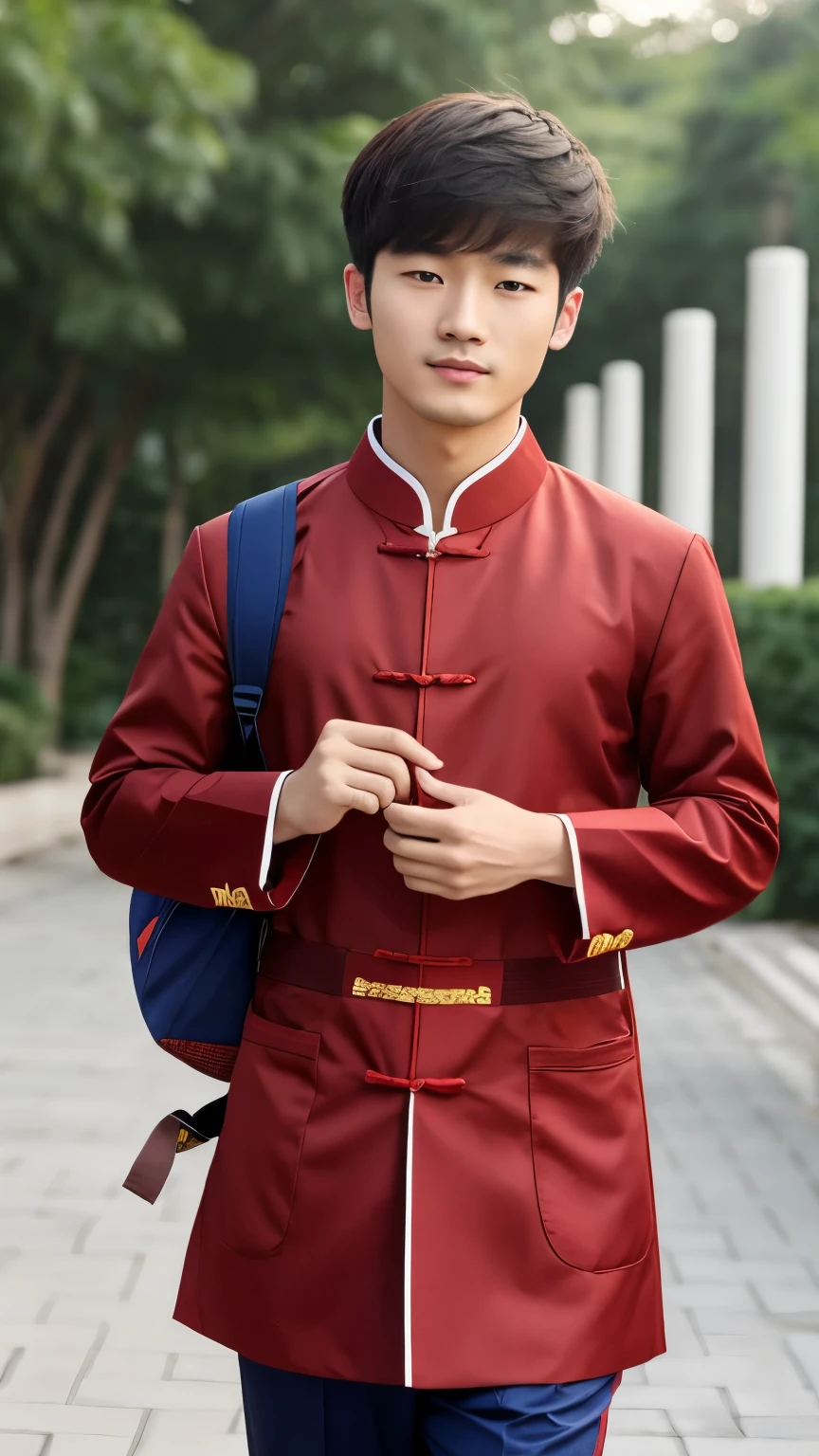 Chinese male student，Chinese classical clothing，Carry a school bag，Sunshine Boy((best quality)), ((masterpiece)), (detailed)