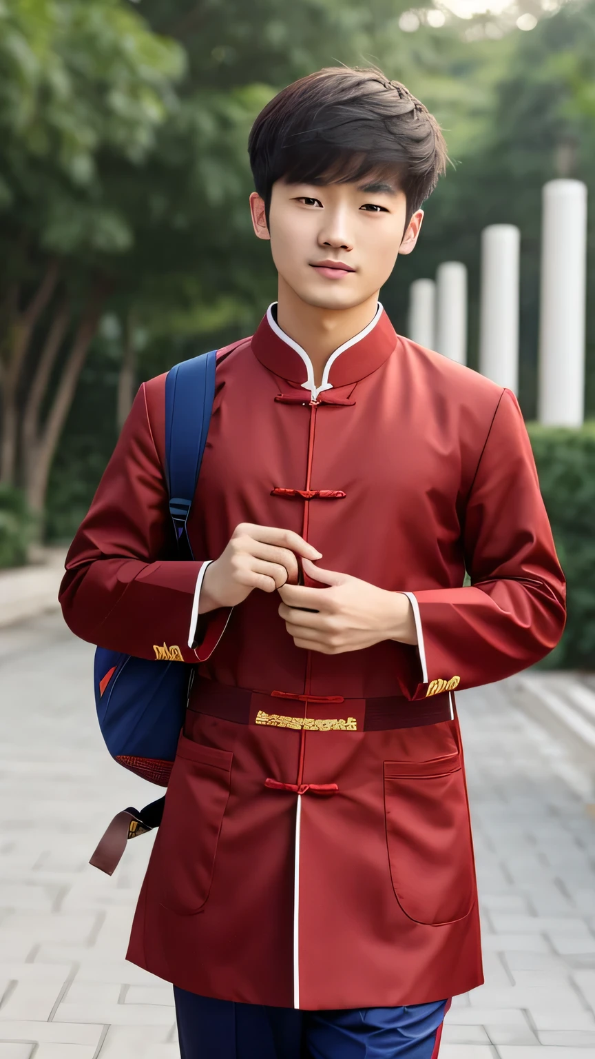Chinese male student，Chinese classical clothing，Carry a school bag，Sunshine Boy((best quality)), ((masterpiece)), (detailed)