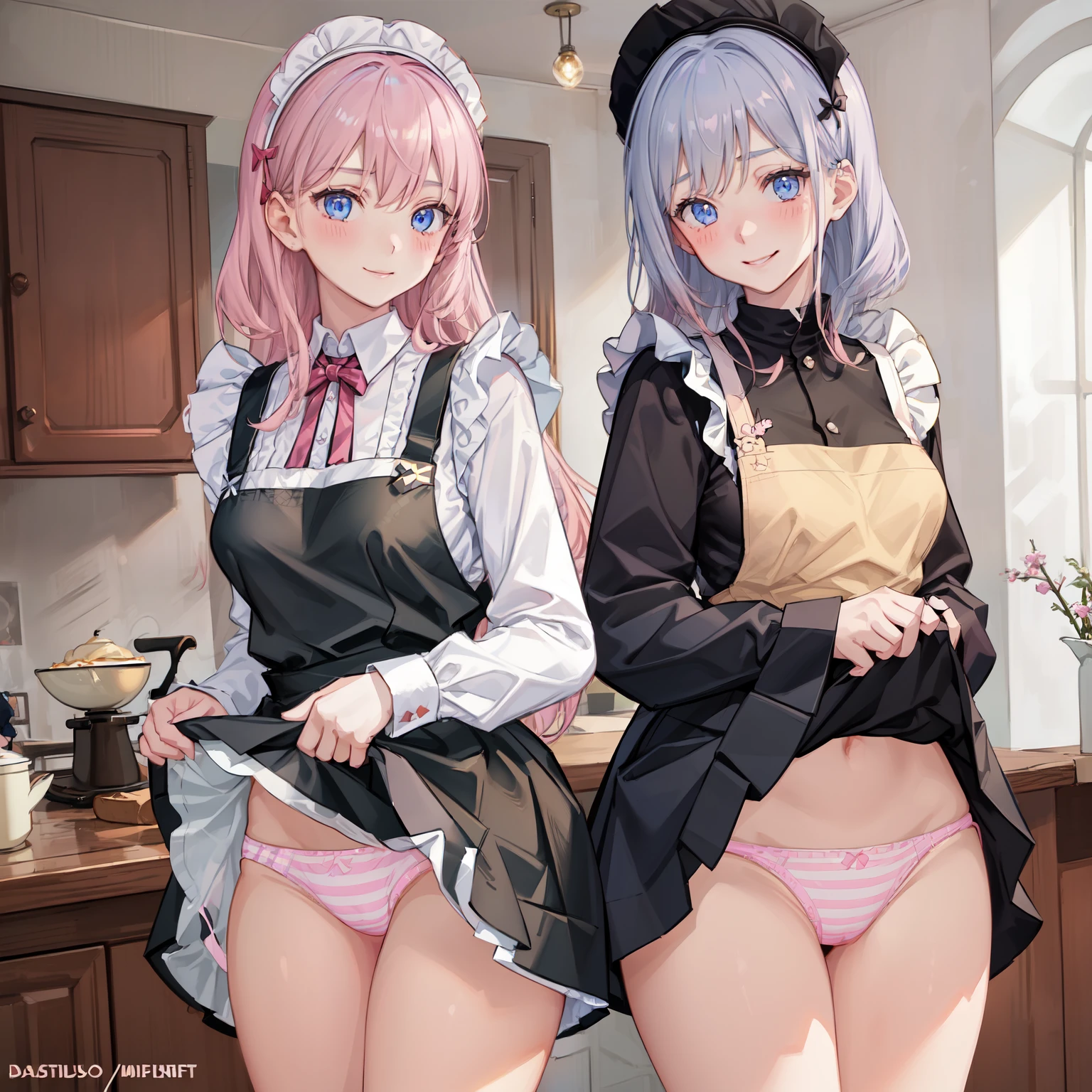 highest quality, masterpiece, ((2 girls:1.5)), ((smile:1.3)), (blush:1.3), Black Shirt, blouse, ((fun!!)), (Small breasts), Blonde, (Long sleeve), ((White apron:1.5)), ((Maid)), ((hair ornaments)), Kamimei, look at me, ((in house:1.5)), Taking a break from watching the audience, Cowboy Shot, (skirtlift:1.3), (Highly detailed pink striped panties:1.3), (Highly detailed panties:1.3), (skirt that rolls up:1.3), (Panties fully exposed:1.5), Light blue eyes, long hair, Glowing Eyes