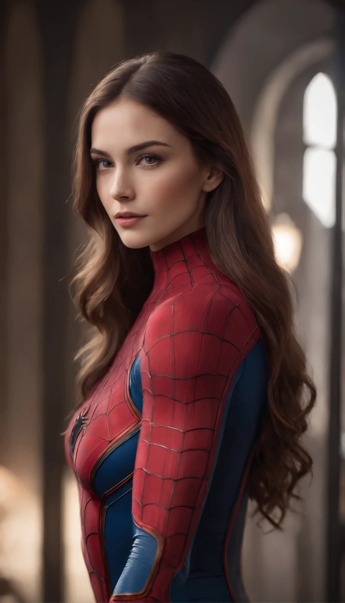 ultra-realistic portrait of an exquisitely beautiful woman, rendering her with utmost precision. She possesses stunning long tresses, eyes that hold a captivating depth, and facial features that are impeccably detailed, showcasing her natural allure. Her full and beautiful body is adorned in a Spider-Man suit that tastefully hugs her curves, adding an intriguing element to her already remarkable appearance. The seamless fusion of her innate beauty with the iconic suit creates a unique and captivating presence that effortlessly commands the attention of anyone who beholds her.