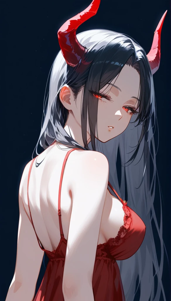 masterpiece, Score_9, Score_8_up, Score_7_up, rear view, 1 woman, alone, black hair with red , long hair, split bangs, dark red eyes, half-closed eyes, parted lips, expressionless, pale skin, large breasts, upper body, nightgown black with a V-neckline, black background, the best quality, horns up, long parted bangs.