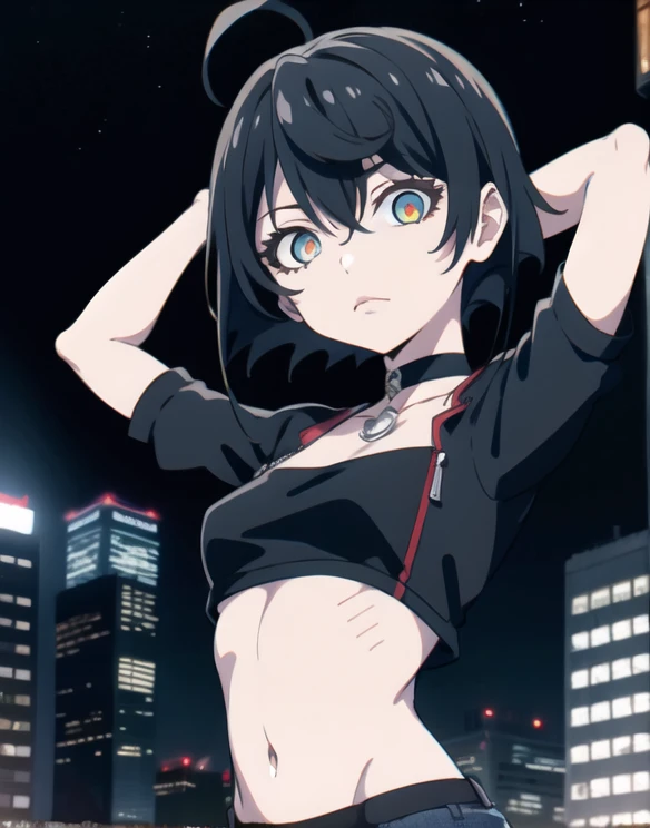 (masterpiece,best quality,highres:1.1),jadechan,1girl,solo,(medium breasts:1.2),short hair,black hair,(chocker:1.1),(punk clothes:1.1),cowboy shot,charming posing,looking at viewer,arms behind head,city,skyscraper,night sky,neon lights,no humans,background,(Gothic,punk:1.1),(orange eyes:0.9),close-up,arn tattoo,