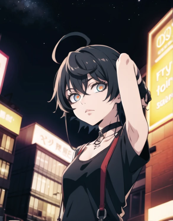 (masterpiece,best quality,highres:1.1),jadechan,1girl,solo,(medium breasts:1.2),short hair,black hair,(chocker:1.1),(punk clothes:1.1),cowboy shot,charming posing,looking at viewer,arms behind head,city,skyscraper,night sky,neon lights,no humans,background,(Gothic,punk:1.1),(orange eyes:0.9),close-up,arn tattoo,