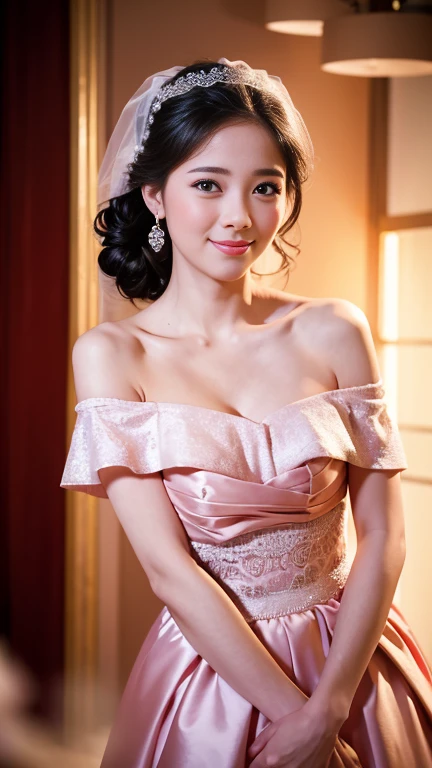 Young girl in wedding dress and updo, Off-shoulder neckline, and a long veil. her face is young and innocent, Looks like a . She looks at the camera with a playful expression. Detailed artwork with vivid illustrations, Realistic colors, Capture every detail. The medium of digital painting, Guaranteed best quality and high resolution (4K or 8K). soft and romantic lighting, creating a dream-like atmosphere. The overall color is warm and gentle................, Highlight the joy and beauty of your wedding scene.frontage、full body Esbian、A smile