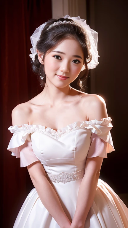 Young girl in wedding dress and updo, Off-shoulder neckline, and a long veil. her face is young and innocent, Looks like a . She looks at the camera with a playful expression. Detailed artwork with vivid illustrations, Realistic colors, Capture every detail. The medium of digital painting, Guaranteed best quality and high resolution (4K or 8K). soft and romantic lighting, creating a dream-like atmosphere. The overall color is warm and gentle................, Highlight the joy and beauty of your wedding scene.frontage、full body Esbian、A smile