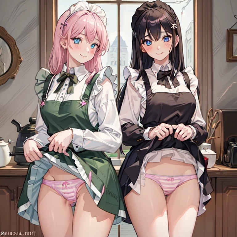 highest quality, masterpiece, ((2 girls:1.5)), ((smile:1.3)), (blush:1.3), Black Shirt, blouse, ((fun!!)), (Small breasts), Blonde, (Long sleeve), ((White apron:1.5)), ((Maid)), ((hair ornaments)), Kamimei, look at me, ((in house:1.5)), Taking a break from watching the audience, Cowboy Shot, (skirtlift:1.3), (Highly detailed pink striped panties:1.3), (Highly detailed panties:1.3), (skirt that rolls up:1.3), (Panties fully exposed:1.5), Light blue eyes, long hair, Glowing Eyes