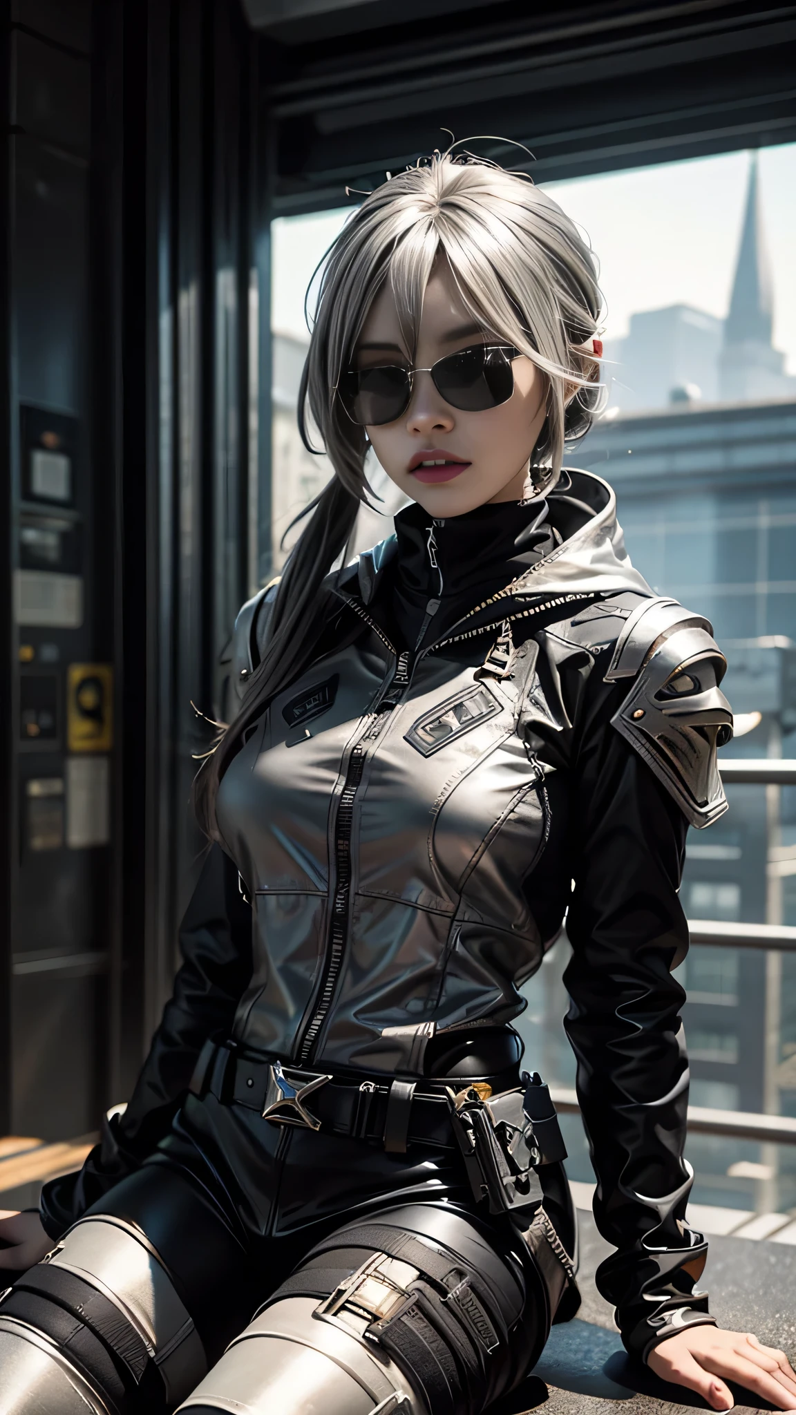 8K, UHD, masterpiece, 1 girl, detailed face, smart face, ((sunglasses)), detailed eyes, sniper rifle in hand, battleroyal, call of duty cosplay, call of duty modern warfare 3, ((ghost tribe)), ((silver and black cosplay:1.5)), belts, gun, methic gun, futuristic art, cyberpunk lihting, ultra extreme graphics, RTX 4090, ray tracing, bloom, depth of field, motion blur, sitting,