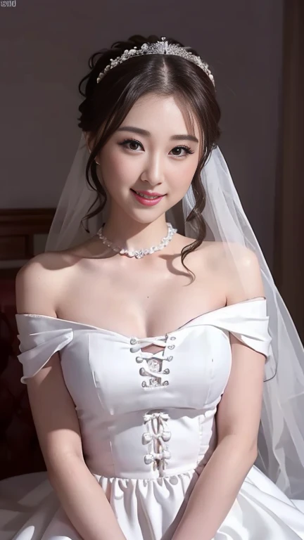 Young girl in wedding dress and updo, Off-shoulder neckline, and a long veil. her face is young and innocent, Looks like a . She looks at the camera with a playful expression. Detailed artwork with vivid illustrations, Realistic colors, Capture every detail. The medium of digital painting, Guaranteed best quality and high resolution (4K or 8K). soft and romantic lighting, creating a dream-like atmosphere. The overall color is warm and gentle................, Highlight the joy and beauty of your wedding scene.frontage、full body Esbian、A smile