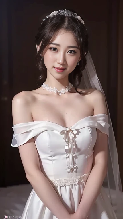 Young girl in wedding dress and updo, Off-shoulder neckline, and a long veil. her face is young and innocent, Looks like a . She looks at the camera with a playful expression. Detailed artwork with vivid illustrations, Realistic colors, Capture every detail. The medium of digital painting, Guaranteed best quality and high resolution (4K or 8K). soft and romantic lighting, creating a dream-like atmosphere. The overall color is warm and gentle................, Highlight the joy and beauty of your wedding scene.frontage、full body Esbian、A smile