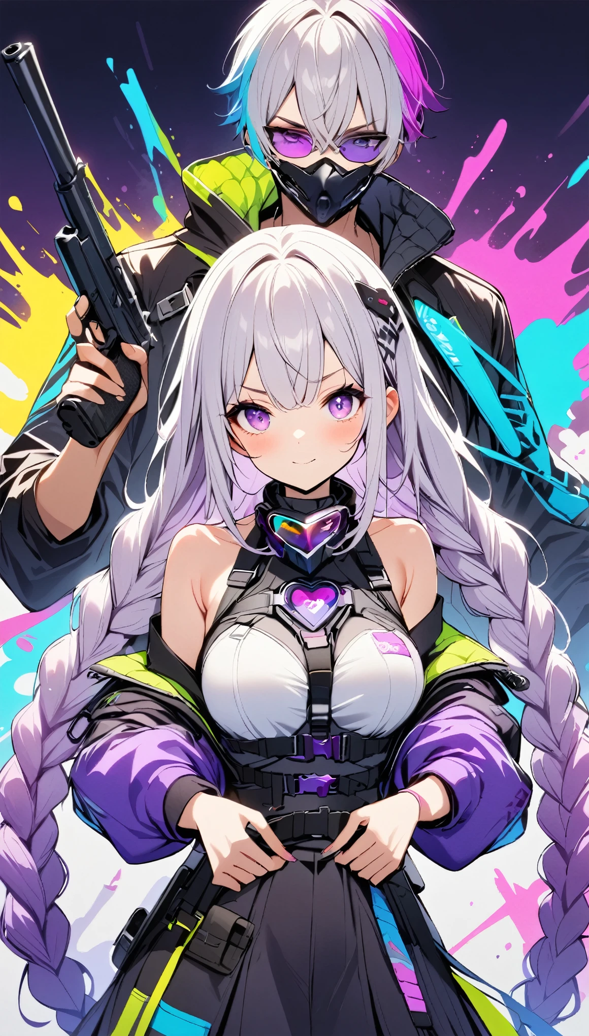 1 boy,1 girl with hands on waist and bare shoulders,White purple gradient long braids，goggles,gun,handgun,Heart,Keep,Keep gun,
Keep arms,Jacket,long braided long hair,mask,Colorful hair,Purple Eyes,步gun,Silver Hair,single weave，
Tinted glasses，arms，Neon color scheme，Fluorescence，Vibrant colors