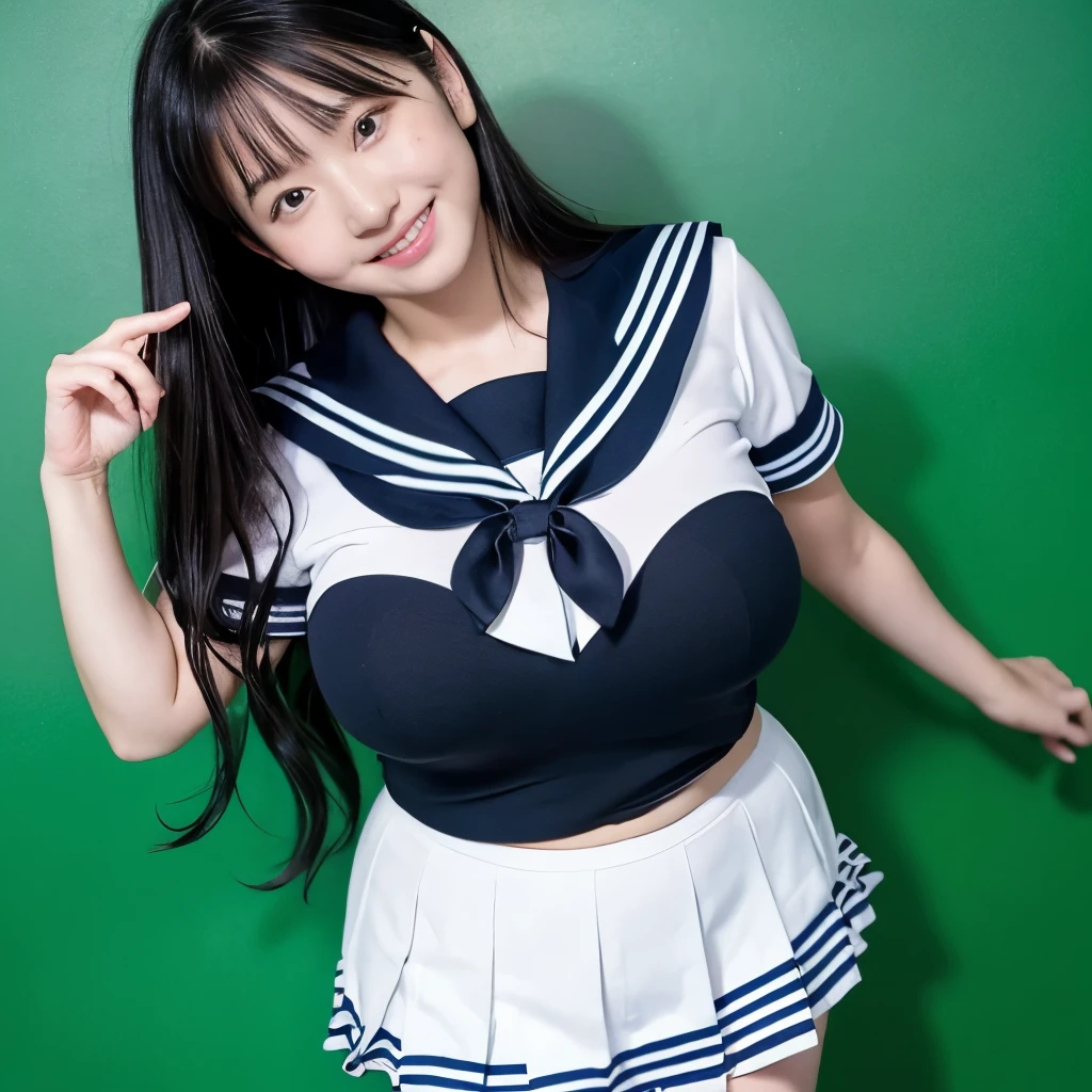 女の子1 person, alone, highest quality, 8k, Japanese women photos, , kindergartenてストレートなBlack Hair,, ((plump)), ((Big Breasts)),Sailor suit,Sailor suit,, The best smile,Grow eyes,  Shining happiness, Caring personality, Sweet feminine aura, Calm but firm attitude, I have a few freckles on my cheeks, A spirit of warmth and joy, Discreet and perfect for class,Eyes shining with devotion, a humble and dedicated kindergarten teacher, 1 Breasts,Big Breasts,Sailor suit,mini skirt,Black HairのストレートLong Hair,Long Hair,Black Hair,17 years old,valley,It's heartbreakie,Cute pose,Purikura,Purikura,Finger Heart,The whole body was photographed,The whole body was reflected,Leather shoes,Green background,Green background,Green background,超Big Breasts,Big Breasts,Big Breasts,大きなvalley,valley,valley,胸のvalley,It's heartbreaking.,I can see your chest,Accentuated breasts,Big Breasts,Big Breasts