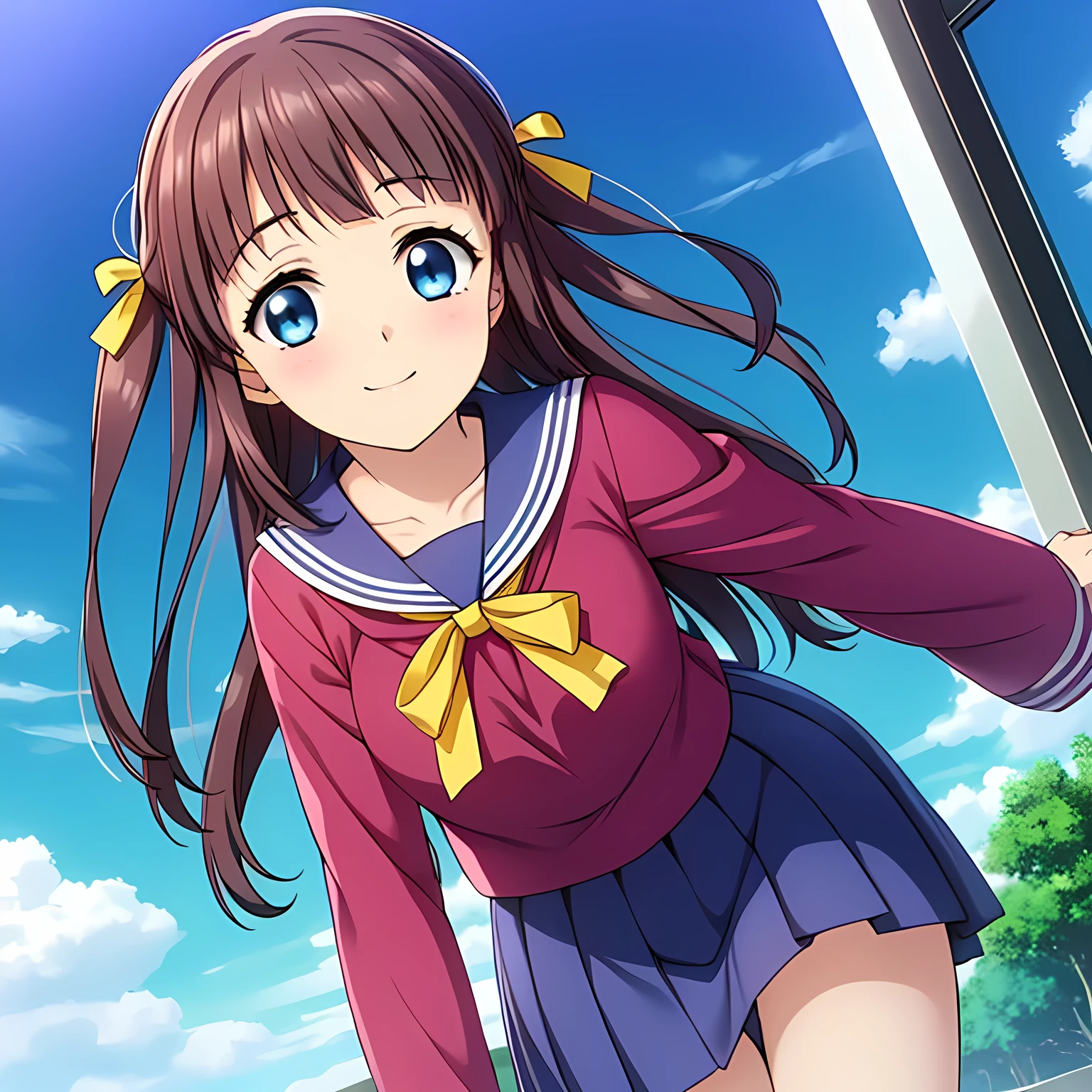 (highest quality, masterpiece:1.2), highest quality, High resolution, 1080p, 8K, CG of the heroine of a beautiful girl game, Height: 158cm, A beautiful woman with a smile falls upside down from the sky like an angel, A face that everyone loves, Glossy lips, Even bangs, Double, Long eyelashes on both the top and bottom, Big wide blue eyes, The very large and thick yellow ribbon bowtie is very cute., Beautiful, shiny red long hair, A long, neat, dark navy pleated skirt, (((A long-sleeved sailor uniform for winter, entirely dark blue))),  Ribbon in hair, Thick calves, Tight waist, ((Many navy blue pleated skirts falling from the sky)), Approaching the viewer with open arms, ((Talking to the audience、god々Trying to kiss you)), Very holy God of the sky, Shooting from below