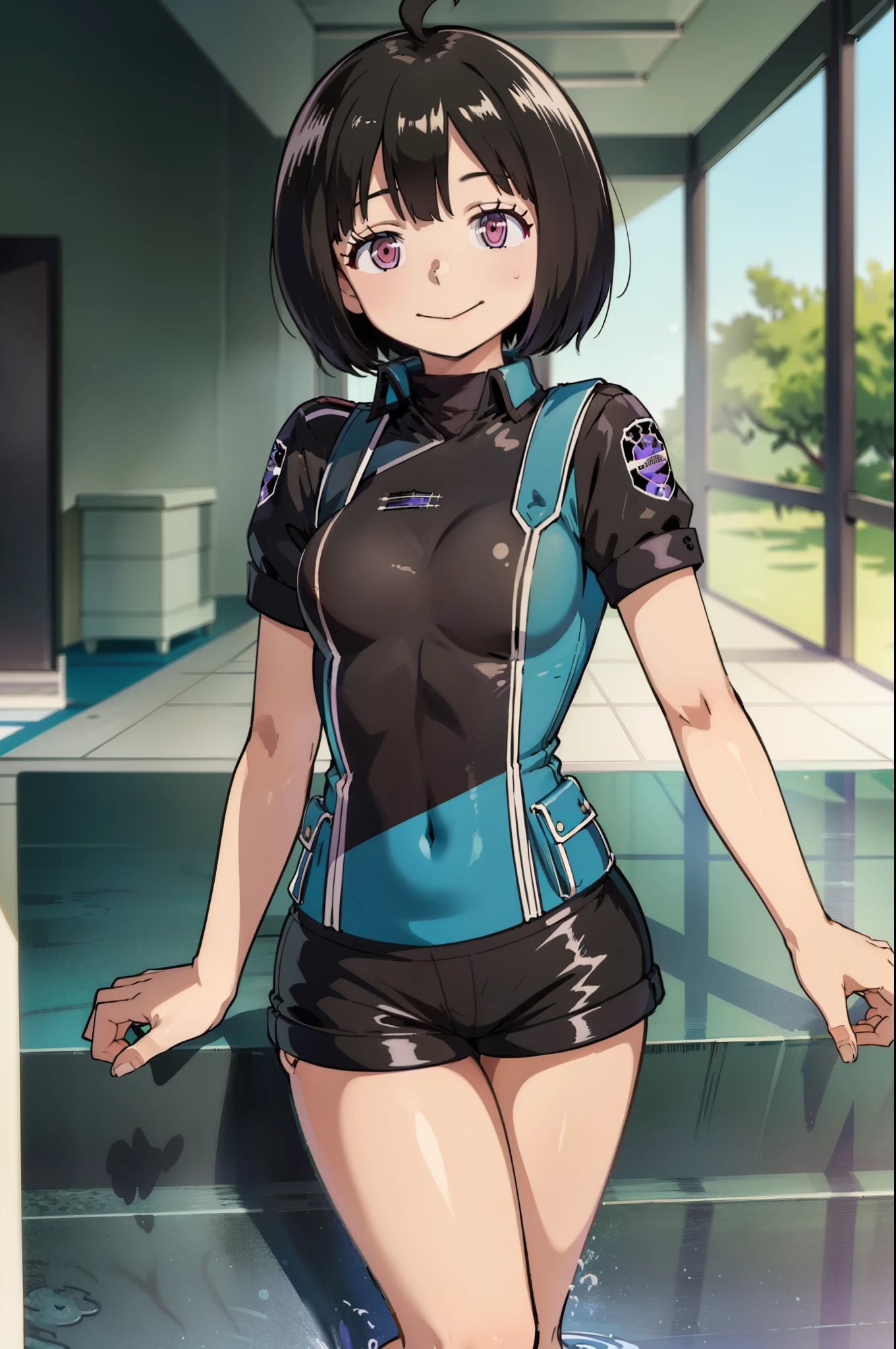 (masterpiece, best quality;1.2), nsfw, World trigger style, Amatori_Chika, (1girl, solo), looking at viewer, (black short hair, ahoge), purple eyes, smile, (blue frilled swimsuit, emblem), short black shorts, water pool background