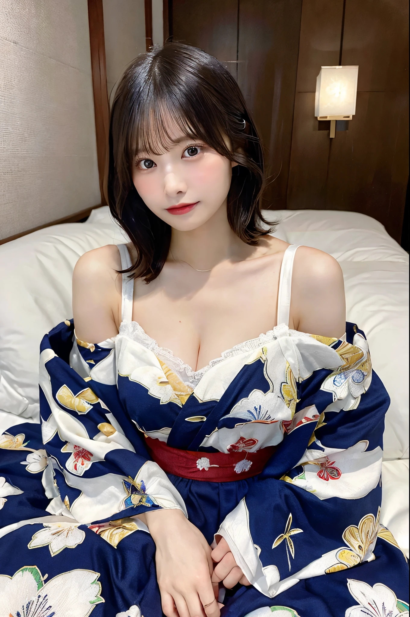 Full body、Beautiful collarbone、Very large breasts、Cleavage、A woman lying on a futon、Taking off a lot、A yukata with delicate patterns、Shiny hair、Short Hair、No makeup、（masterpiece、8K,RAW Photos、High resolution:1.4）、Enhances the feminine soft look、 Reveal complex textures and patterns. Using the Canon EOS R6 Mark II with the Sigma 50mm f/1.4 DG HSM Art Lens、シーンのあらゆるニュアンスがHigh resolutionでキャプチャされます。
