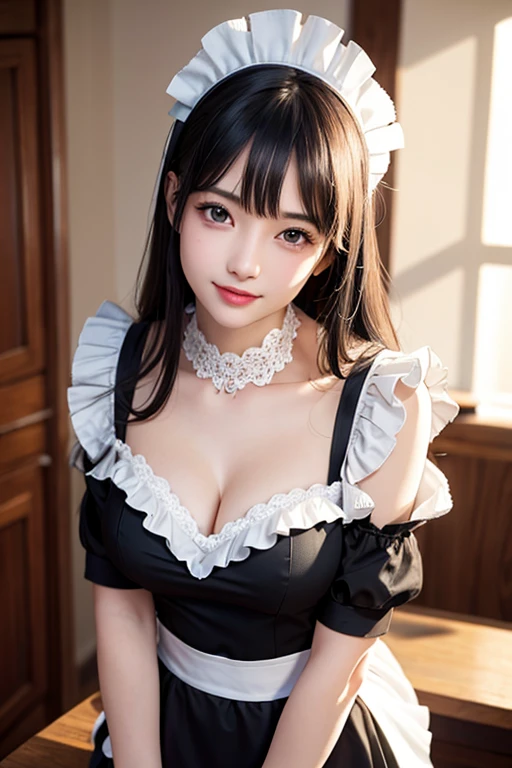 
Close-up of a woman wearing a maid outfit, smile, laughter, off shoulder, no sleeves, making a heart with hands,  masterpiece, realistic, sharp focus, (realistic:1.3), ultra high res, 8k, RAW photo, best quality, detailed shadow, amazing, finely detail, sharp focus, (shine light on face:1), (Volumetric lighting:1.4), 1 girl, long hair, black hair, large breasts, heart-shaped face,Full lips,(maid:1.4), black pantyhose, loafers, standing, cafe, from below, looking at viewer