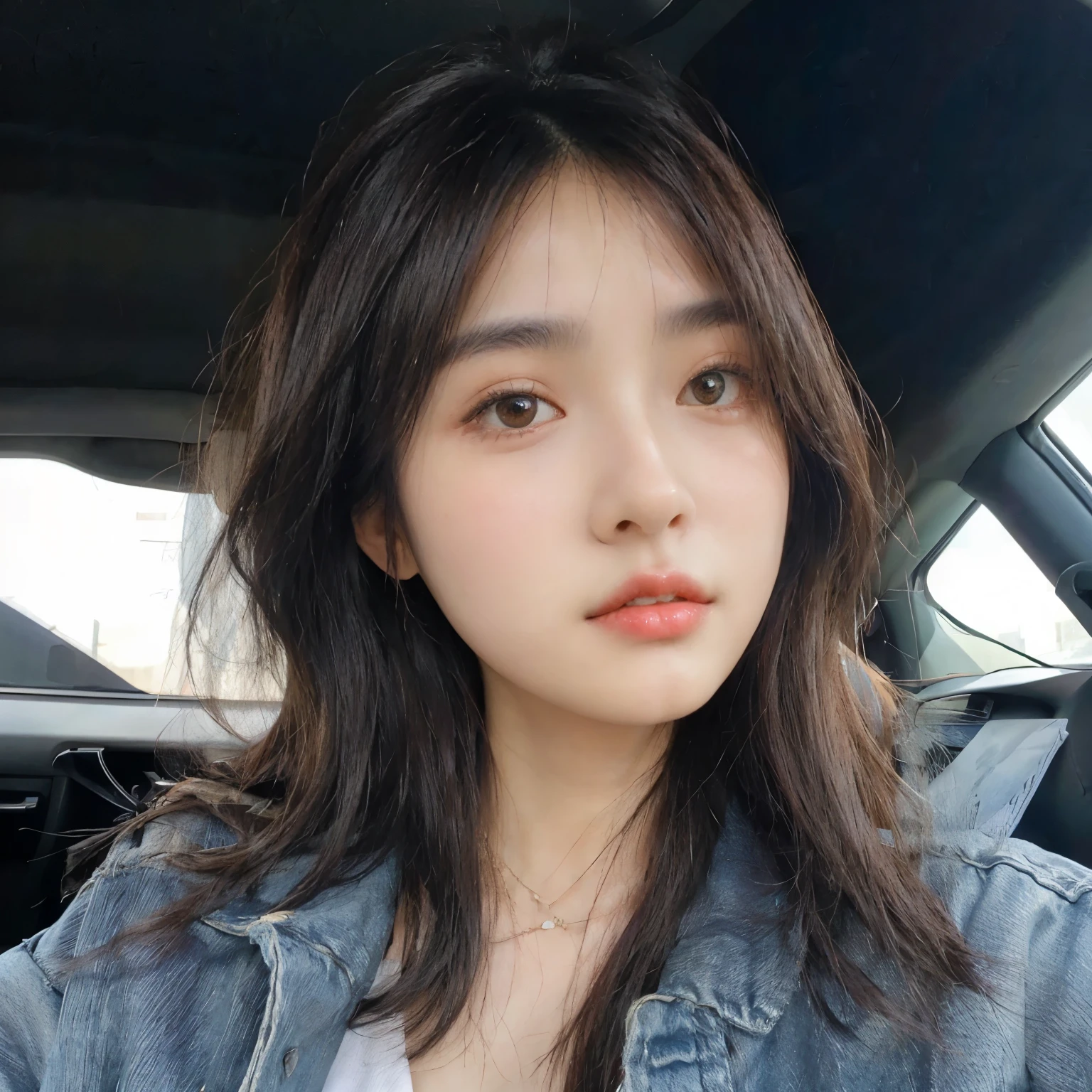 Pulled woman with long hair and denim jacket in car, Jinyoung Canella, young asian woman, Janice sang, Louise Zhang, Heonhwa Choi, Jaeyeon Nam, face profile picture, Dom Yunju, Taejun Kim, woo sision, Ye Wenfei, Beautiful young Korean woman, Gemma Chen, common ratio