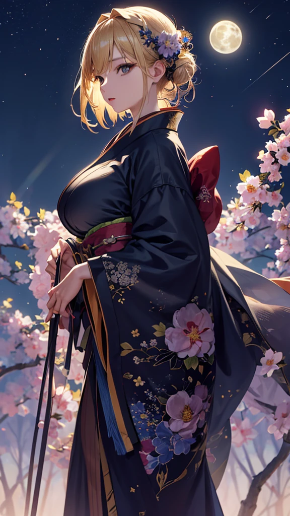 masterpiece, high quality, 4K, Beautiful design, silhouette，blonde， 非常に詳細な夜のStarry Sky,Flower Field， wonderful, Finer details,  Very knowledgeable woman, Highly detailed solo, 1 female,Big Breasts，kimono，Night view，Starry Sky，full moon，