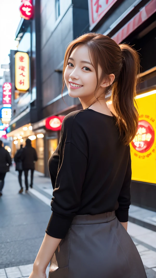 Browsing Caution，highest quality，masterpiece，8k，Men and women walking in front of a love hotel，Couple，Captivating smile，28 years old，Droopy eyes，Brown hair ponytail，Angle from behind