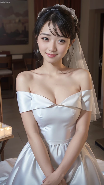 Young girl in wedding dress and updo, Off-shoulder neckline, and a long veil. her face is young and innocent, Looks like a . She looks at the camera with a playful expression. Detailed artwork with vivid illustrations, Realistic colors, Capture every detail. The medium of digital painting, Guaranteed best quality and high resolution (4K or 8K). soft and romantic lighting, creating a dream-like atmosphere. The overall color is warm and gentle................, Highlight the joy and beauty of your wedding scene.frontage、full body Esbian、A smile