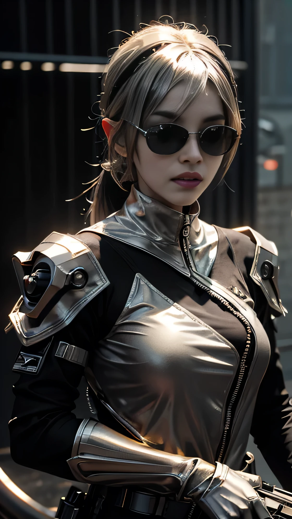 8K, UHD, masterpiece, 1 girl, detailed face, smart face, ((sunglasses)), detailed eyes, sniper rifle in hand, battleroyal, call of duty cosplay, call of duty modern warfare 3, ((ghost tribe)), ((silver and black cosplay:1.5)), belts, gun, methic gun, futuristic art, cyberpunk lihting, ultra extreme graphics, RTX 4090, ray tracing, bloom, depth of field, motion blur, sitting,